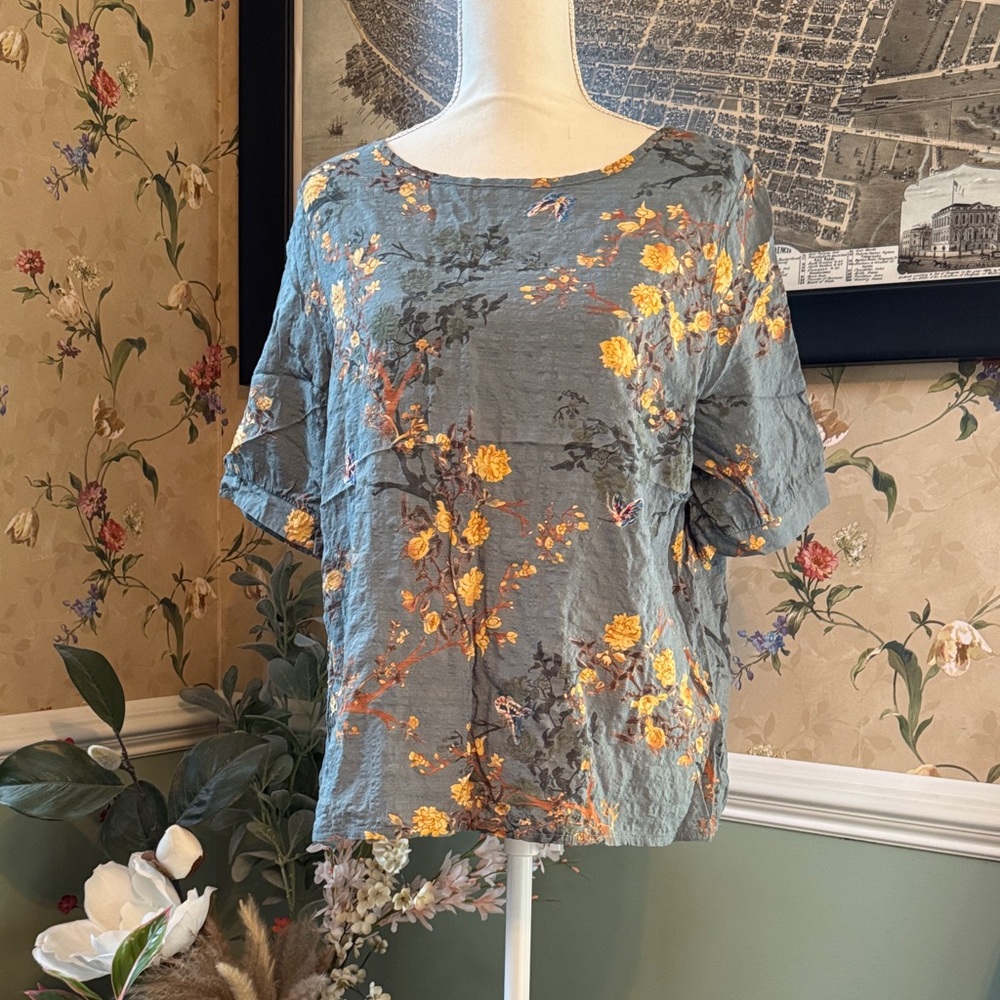 Chic Floral Women's Blouse - Blue and Orange
